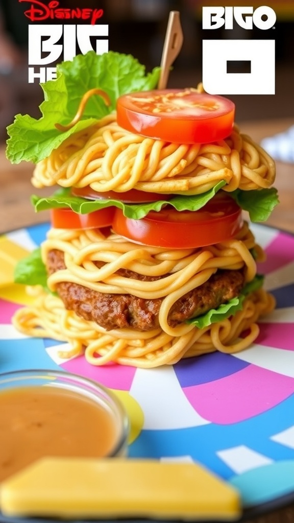Noodle burger with crispy noodle buns, juicy patty, topped with lettuce and tomatoes, served on a colorful dish.
